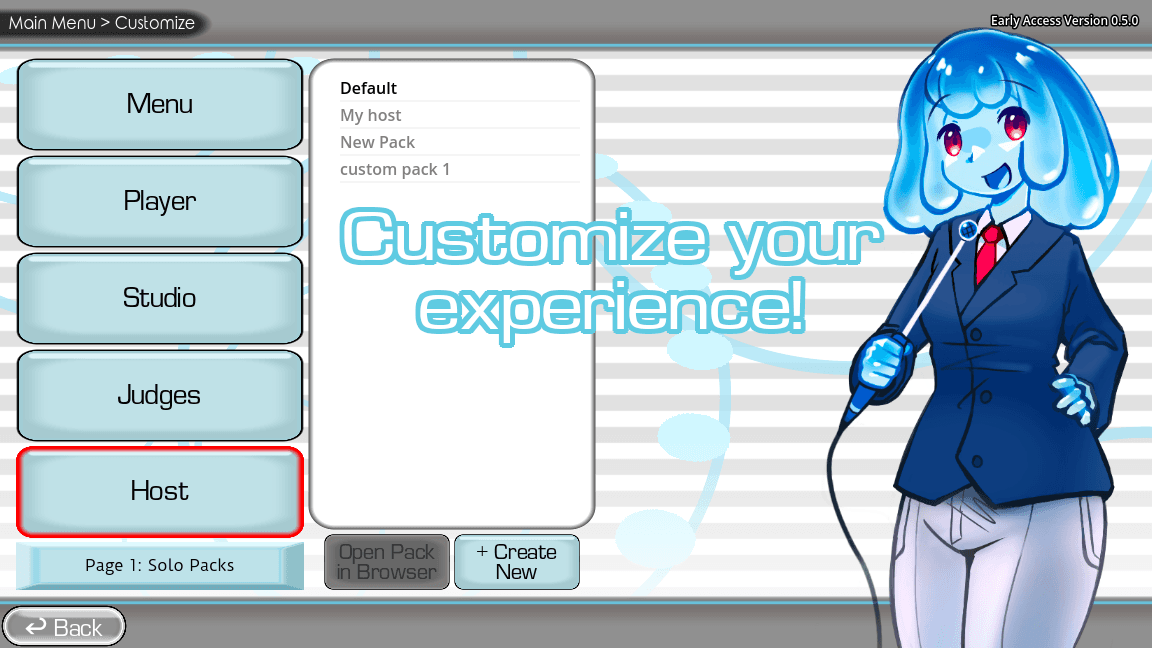 The in-game Customize menu showing content pack selection for the Host